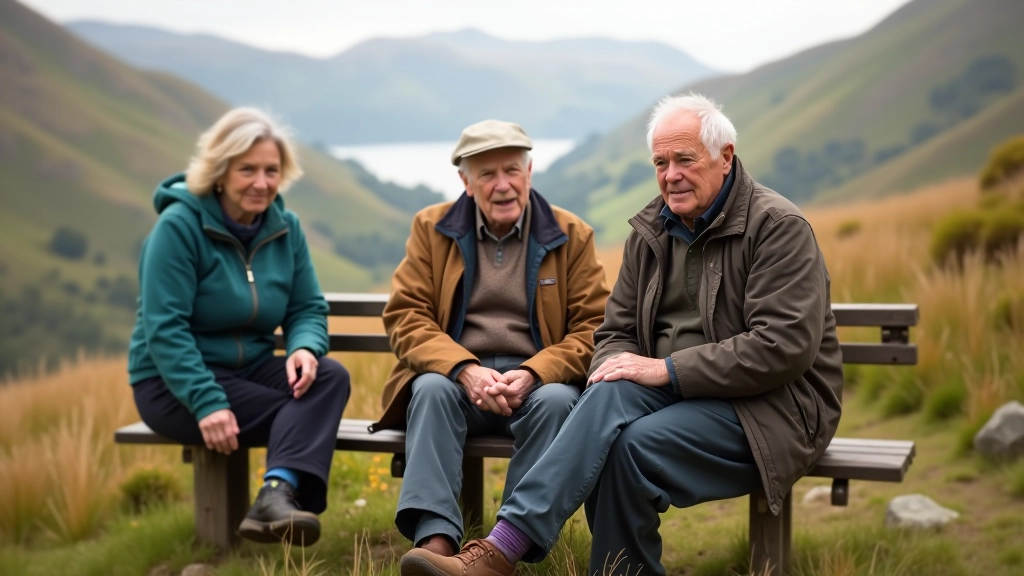 Group of senior adults smiling while taking a break on a mountain bench overlooking scenic valley