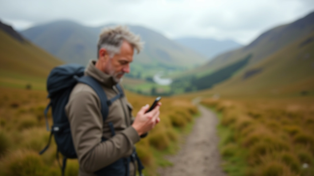 Hiker using smartphone for navigation and communication on a mountain trail, standing on marked path