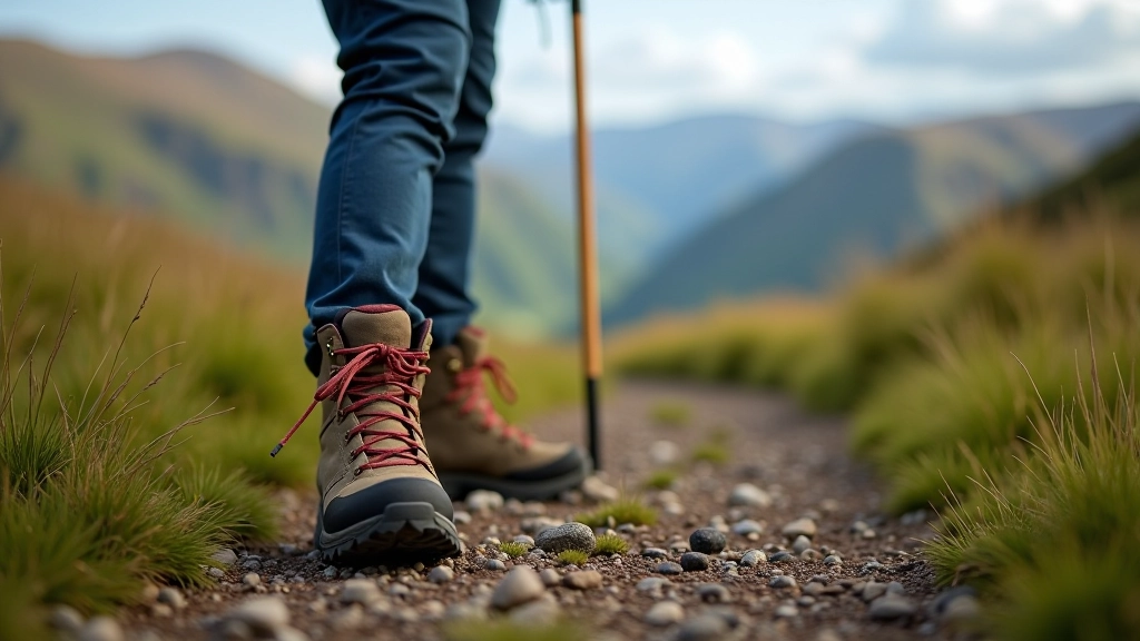 Walking boots and hiking stick resting on a mountain trail with valley vista visible in background