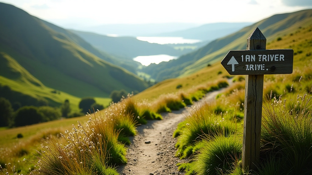 Scenic mountain trail with clear markers and blue waypoints, winding through green valley with lake visible in distance