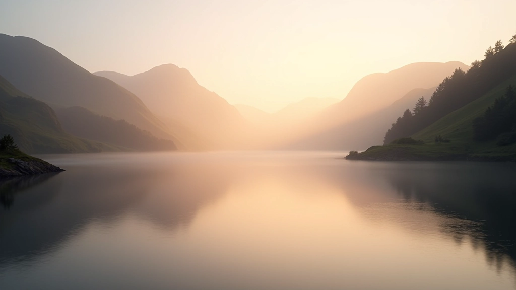 Serene lake surrounded by gentle green hills and mountain peaks under soft morning light