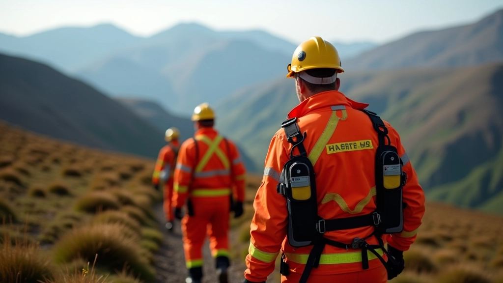 Mountain rescue team members in high-visibility gear with emergency equipment on an upland trail