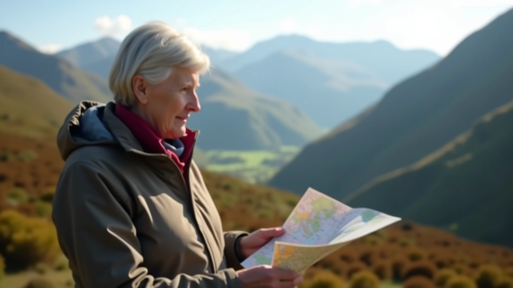 Older adult looking at a map and trail guide while seated outdoors on a mountain bench