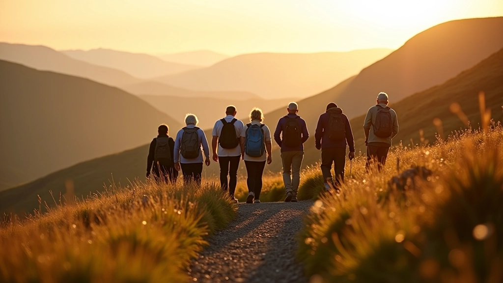 Small group of walkers on mountain ridge path
