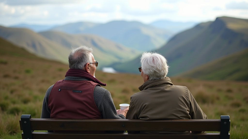 Two walkers enjoying tea at scenic mountain rest stop