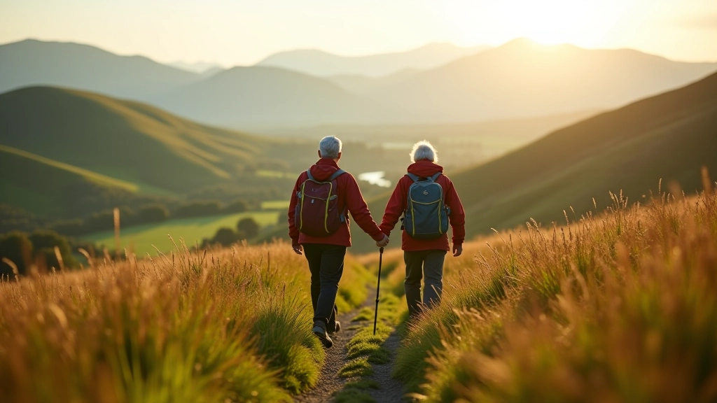 Seniors hiking together on a mountain trail with scenic valley view