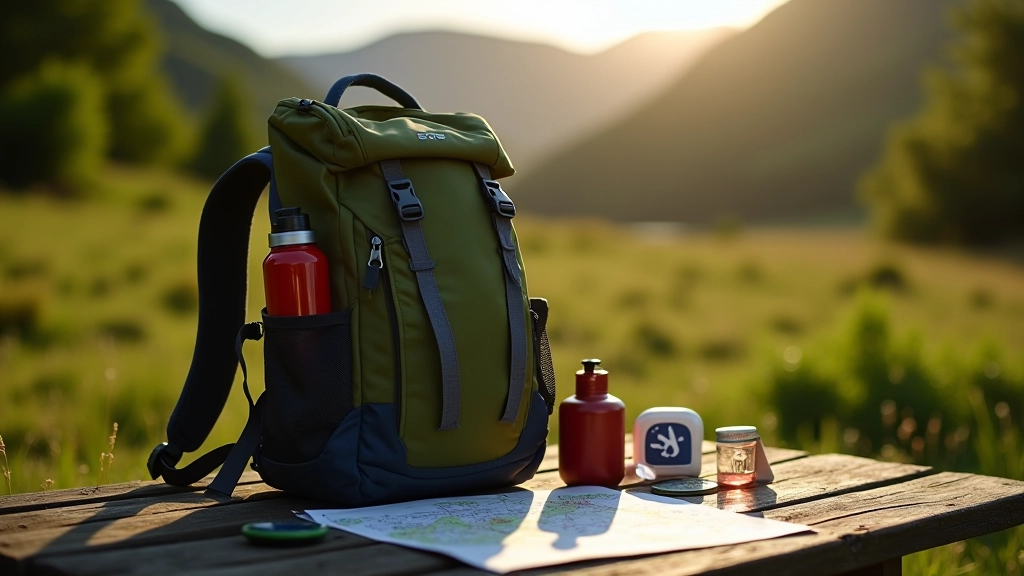 Close-up of a well-organized hiking backpack with first aid kit, water bottle, and emergency whistle visible